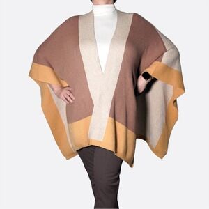 Colorblock Luxe Knit Poncho Wrap Earthy Neutrals‎ Plus Size 1X 2X Old Money
